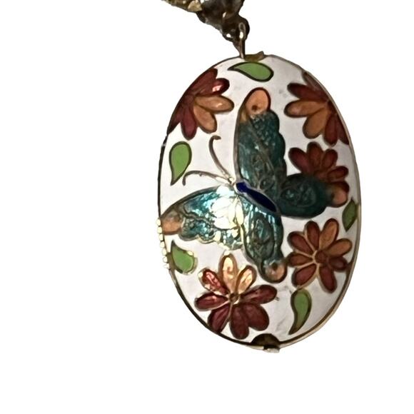 Cloisonné Butterfly Floral Turquoise White Green Gold Tone Necklace Pendant - Picture 7 of 7